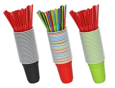 Multiple colorful plastic straws arranged in plastic cups isolated on white b Stock Illustration