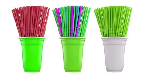 Multiple colorful plastic straws arranged in plastic cups isolated on white b Stock Illustration