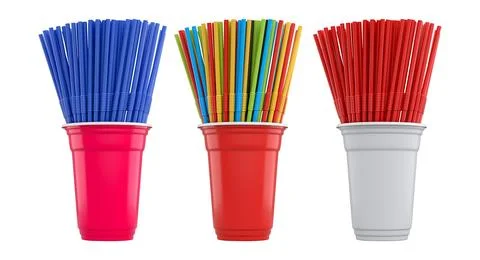 Multiple colorful plastic straws arranged in plastic cups isolated on white.. Stock Illustration