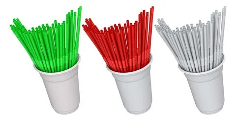 Multiple colorful plastic straws arranged in plastic cups isolated on white b Stock Illustration