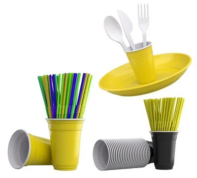 Multiple colorful plastic straws arranged in plastic cups isolated on white b Stock Photos
