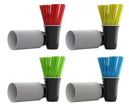 Multiple colorful plastic straws arranged in plastic cups isolated on white b Stock Photos