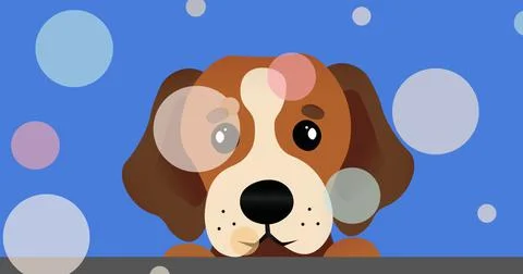 Multiple colorful spots floating against cute puppy face icon with copy space on 스톡 일러스트