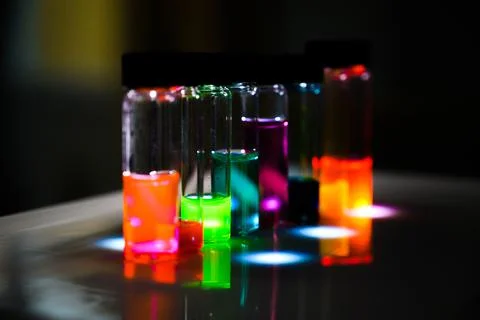 Multiple colourful analytical sample in glass vial in an inorganic chemistry  Stock Photos
