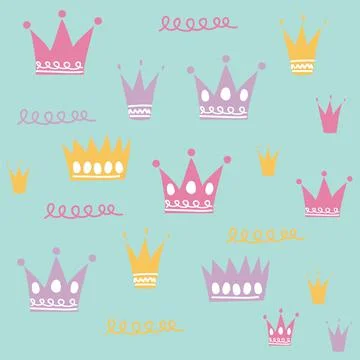 Multiple colourful crowns and squiggles on green background Stock Illustration