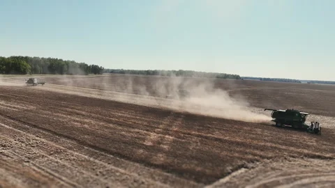 Multiple Combine Harvesters Working Together During Flax Harvest. Stock Footage 345035119