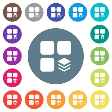 Multiple components flat white icons on round color backgrounds Illustrazione stock