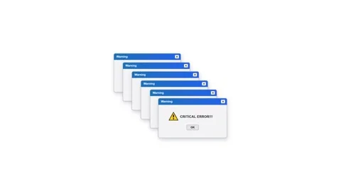 Multiple computer critical error window pop ups on a white background. 4K Vidéo 340882823