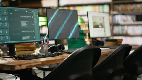 Multiple computer monitors show chatbot, analytics and digital content Stock Footage 337230176