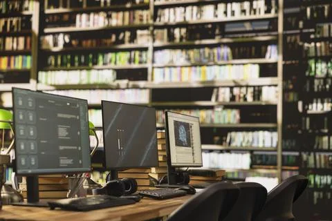 Multiple computer monitors show chatbot, analytics and digital content Stock Photos