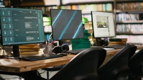 Multiple computer monitors show chatbot, analytics and digital content Stock Photos