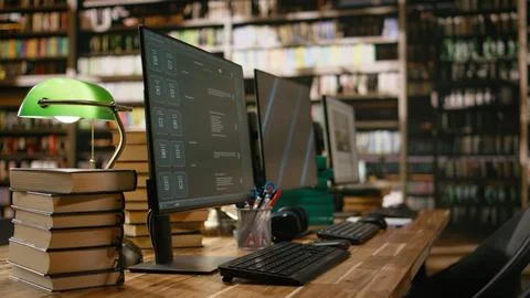 Multiple computer monitors show chatbot, analytics and digital content Stock Photos