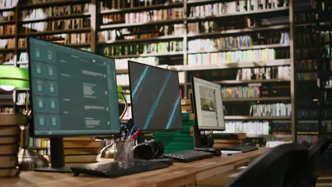 Multiple computer monitors show virtual assistant and blue display Stock-Footage 337228697