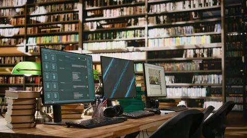 Multiple computer monitors show virtual assistant and blue display Stock Photos