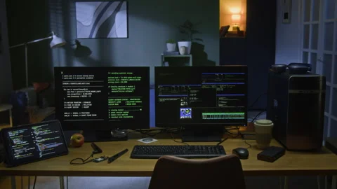 Multiple Computer Screens with Code on Hacker Workstation at Night Stock Footage 328251215
