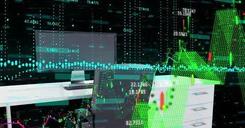 Multiple computer screens displaying financial data with green and red graphs Stock Photos