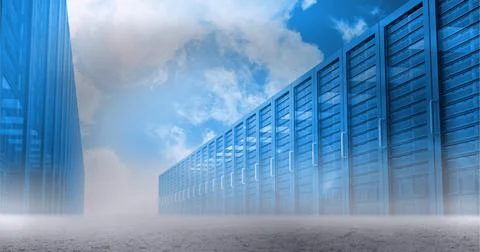 Multiple computer servers over blue sky background, data processing and Stockillustratie