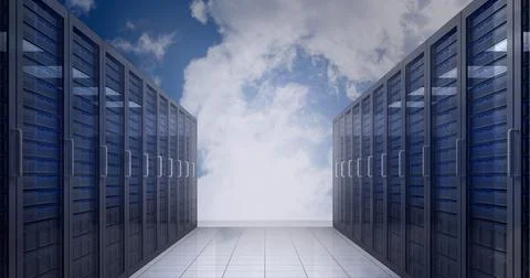 Multiple computer servers over blue sky background, data processing and Stock Photos