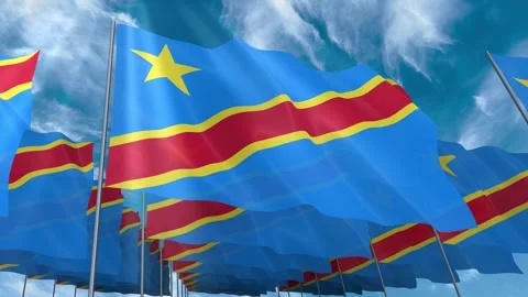 Multiple Congo flags seamless looping waving on blue sky Stock Footage 343678361