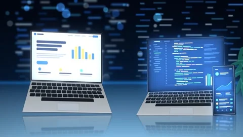 Multiple connected devices laptops and smartphones displaying data analytics Stock Footage 347257287