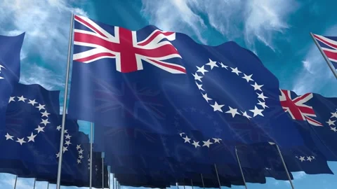 Multiple Cook Islands flags seamless looping waving on blue sky Stock Footage 343678524
