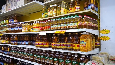 Multiple cooking oil on shelves Stock Footage 105023453