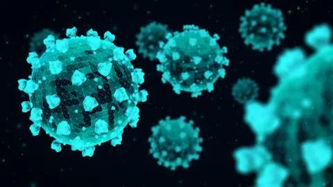Multiple coronavirus particles on a dark blue background. 3D wireframe render. Stock Illustration