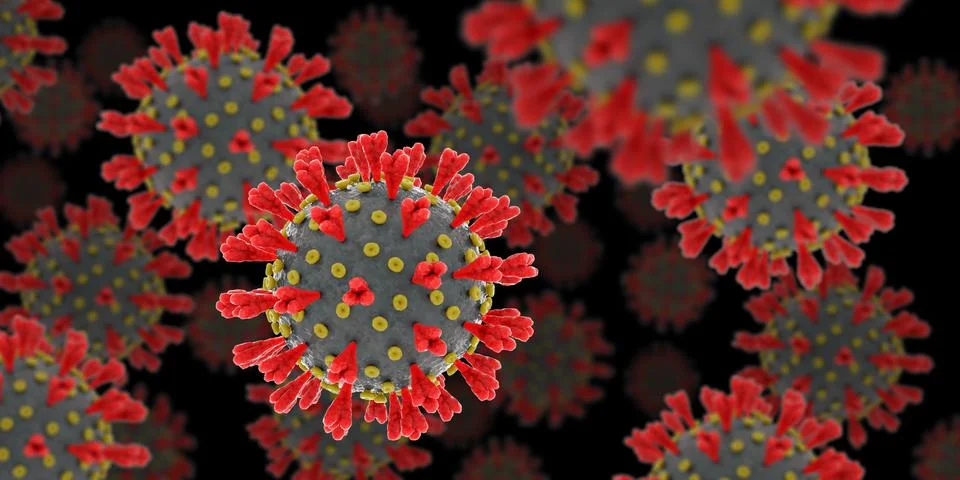 Multiple coronaviruses on dark background Stock Illustration