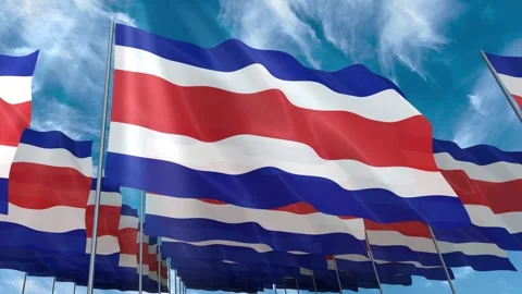 Multiple Costa Rica flags seamless looping waving on blue sky Stock Footage 343678681