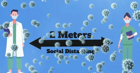 Multiple Covid-19 cells against male and female doctor mask maintaining social Illustrazione stock