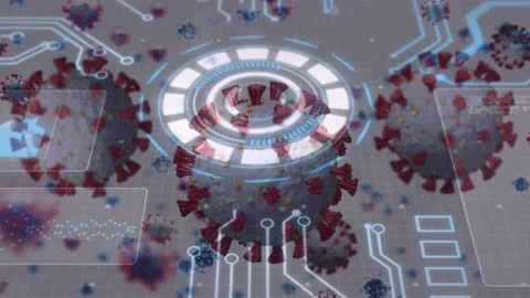 Multiple covid-19 cells and round scanner over microprocessor connections and Vídeo Stock 157903301