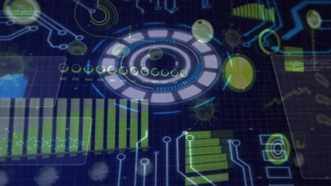 Multiple covid-19 cells and round scanner over microprocessor connections and Video stock 157903324
