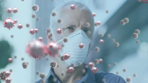 Multiple covid-19 cells floating over caucasian senior man wearing face mask on Stock Footage 328144648