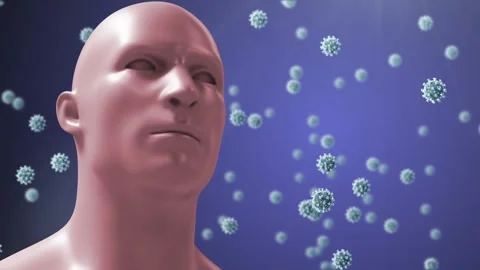 Multiple covid-19 cells floating over human face model against blue background Stock Footage 329288517