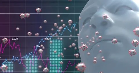 Multiple covid-19 cells over human head model against statistical data Stock Illustration