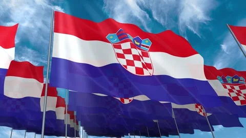 Multiple Croatia flags seamless looping waving on blue sky Stock Footage 343678823