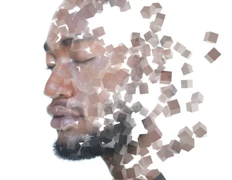 Multiple cubes floating in the air combined with a portrait of a young man Stock Photos
