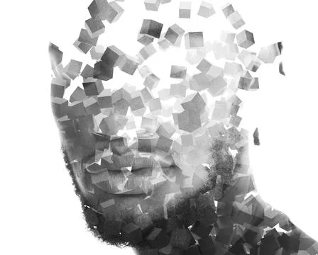 Multiple cubes shaping a portrait of a young man Stock Photos