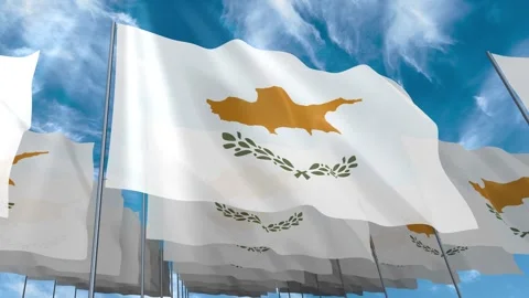 Multiple Cyprus flags seamless looping waving on blue sky Stock Footage 343678969
