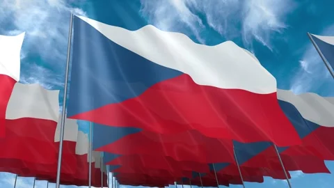 Multiple Czech Republic flags seamless looping waving on blue sky Stock Footage 343679035