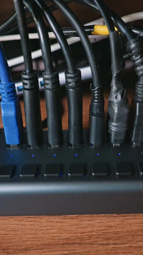 Multiple Data Cables Plugged Into Powered USB Hub On Wooden Office Desk Stock Footage 331132311