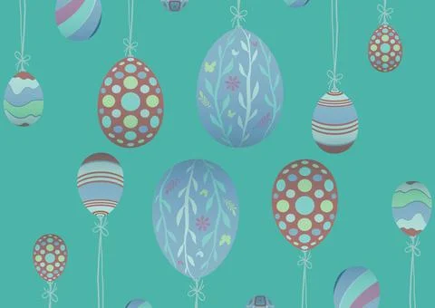 Multiple decorative colorful easter eggs hanging to string against green Illustrazione stock