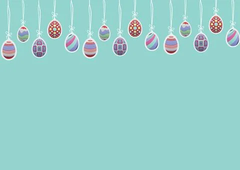 Multiple decorative colorful easter eggs hanging to string with copy space Stock Illustration