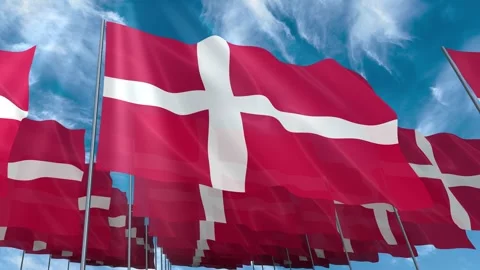 Multiple Denmark flags seamless looping waving on blue sky Stock Footage 343679080