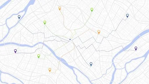 Multiple destinations. Gps tracking map. Track navigation pins on street maps Stock Illustration