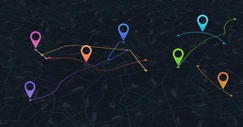 Multiple destinations from home. Gps tracking map. Track navigation pins on Stock Illustration