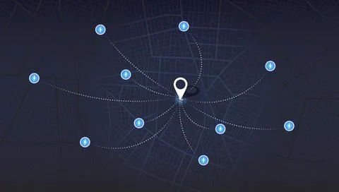 Multiple destinations. Map city with gps pins. Alternative way with location Stock Illustration