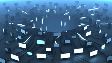 Multiple devices and network cable signals, 3D rendering. Blue background 库存插图