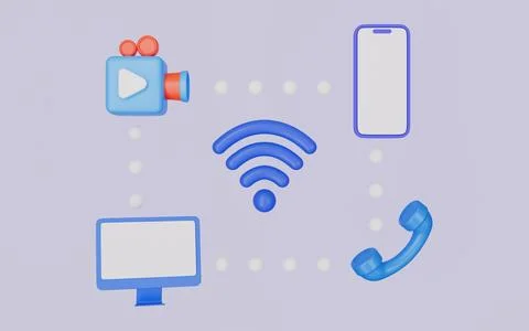 Multiple devices connected wirelessly for remote working environment 库存插图