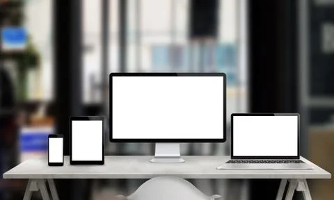 Multiple devices for responsive web site promotion. Computer display, laptop, Stock Photos